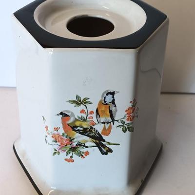 Bird motif Vintage Porcelain Oil Burner Lamp with top. and metal bamboo display Easel