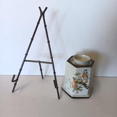 Bird motif Vintage Porcelain Oil Burner Lamp with top. and metal bamboo display Easel