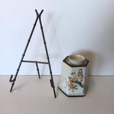 Bird motif Vintage Porcelain Oil Burner Lamp with top. and metal bamboo display Easel