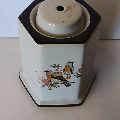 Bird motif Vintage Porcelain Oil Burner Lamp with top. and metal bamboo display Easel