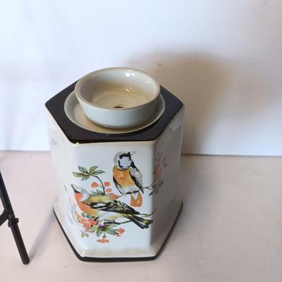 Bird motif Vintage Porcelain Oil Burner Lamp with top. and metal bamboo display Easel