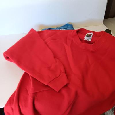 Three brand new!  colorful unisex Anvil pre-shrunk Size Medium T-shirts and a Red Sweatshirt