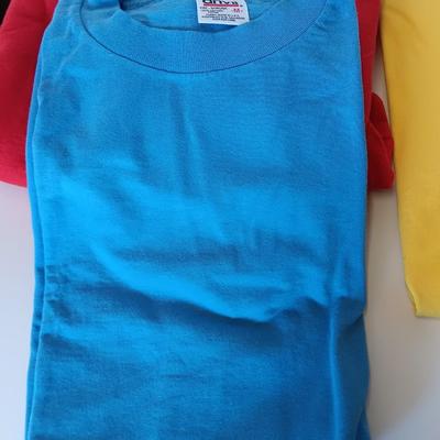 Three brand new!  colorful unisex Anvil pre-shrunk Size Medium T-shirts and a Red Sweatshirt