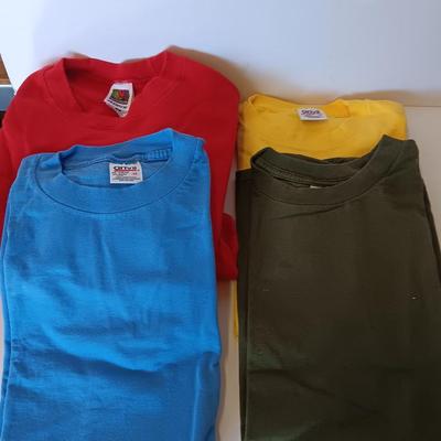 Three brand new!  colorful unisex Anvil pre-shrunk Size Medium T-shirts and a Red Sweatshirt