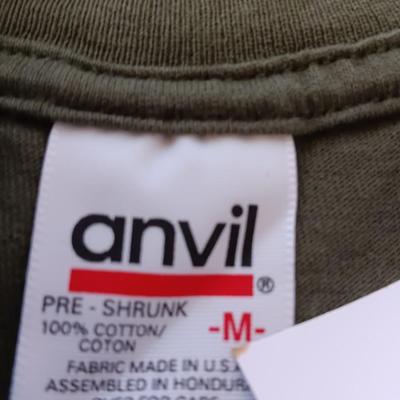 Three brand new!  colorful unisex Anvil pre-shrunk Size Medium T-shirts and a Red Sweatshirt
