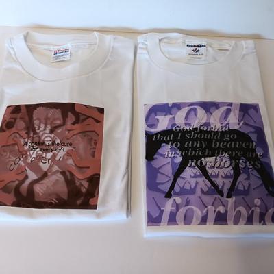 Two NEW Horse Lover's t-shirts " A canter is the cure..." & "God forbid a heaven without horses." Size Large