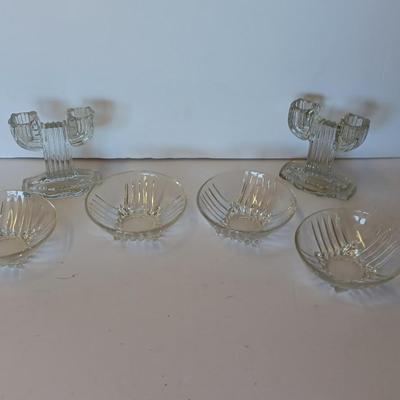 Anchor Hocking Queen Mary Clear Glass Double Taper Candle Holders and four Clear Federal Glass Fruit bowls (1 of 3)