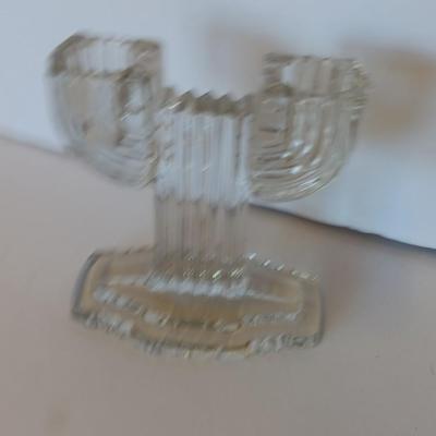 Vintage clear glass display / pen holder with Pair of two Anchor Hocking Queen Mary Clear Glass Double Taper Candle Holders