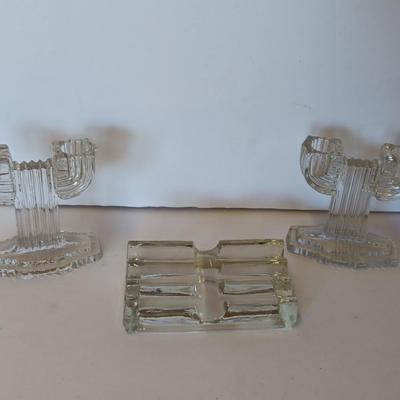 Vintage clear glass display / pen holder with Pair of two Anchor Hocking Queen Mary Clear Glass Double Taper Candle Holders