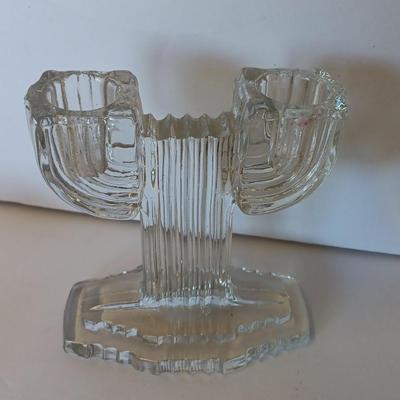 Vintage clear glass display / pen holder with Pair of two Anchor Hocking Queen Mary Clear Glass Double Taper Candle Holders