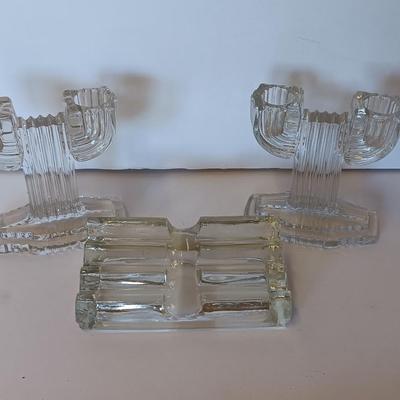 Vintage clear glass display / pen holder with Pair of two Anchor Hocking Queen Mary Clear Glass Double Taper Candle Holders
