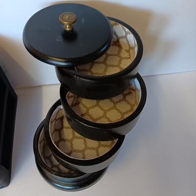 Unique Jewelry/Knick Knack Box Tower -3 Tier Cylinder Shaped and a plastic organizing box with drawers