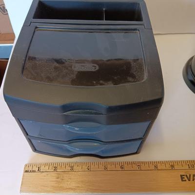 Unique Jewelry/Knick Knack Box Tower -3 Tier Cylinder Shaped and a plastic organizing box with drawers