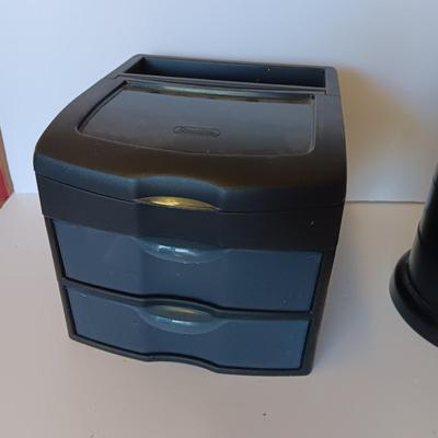Unique Jewelry/Knick Knack Box Tower -3 Tier Cylinder Shaped and a plastic organizing box with drawers