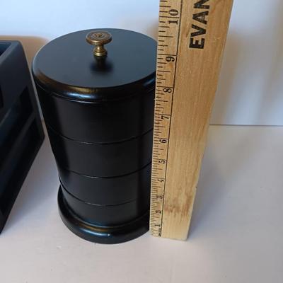 Unique Jewelry/Knick Knack Box Tower -3 Tier Cylinder Shaped and a plastic organizing box with drawers