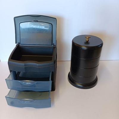 Unique Jewelry/Knick Knack Box Tower -3 Tier Cylinder Shaped and a plastic organizing box with drawers