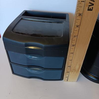 Unique Jewelry/Knick Knack Box Tower -3 Tier Cylinder Shaped and a plastic organizing box with drawers