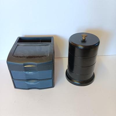 Unique Jewelry/Knick Knack Box Tower -3 Tier Cylinder Shaped and a plastic organizing box with drawers