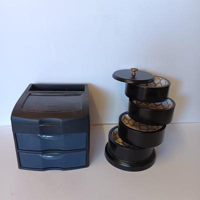 Unique Jewelry/Knick Knack Box Tower -3 Tier Cylinder Shaped and a plastic organizing box with drawers
