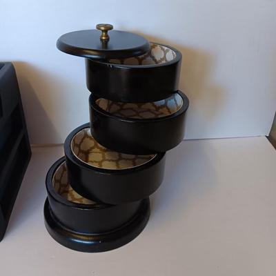 Unique Jewelry/Knick Knack Box Tower -3 Tier Cylinder Shaped and a plastic organizing box with drawers