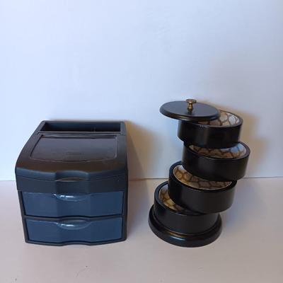 Unique Jewelry/Knick Knack Box Tower -3 Tier Cylinder Shaped and a plastic organizing box with drawers