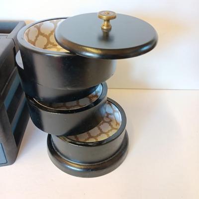 Unique Jewelry/Knick Knack Box Tower -3 Tier Cylinder Shaped and a plastic organizing box with drawers