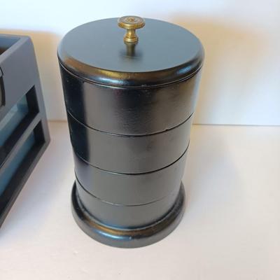 Unique Jewelry/Knick Knack Box Tower -3 Tier Cylinder Shaped and a plastic organizing box with drawers