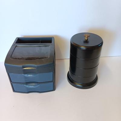 Unique Jewelry/Knick Knack Box Tower -3 Tier Cylinder Shaped and a plastic organizing box with drawers