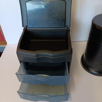 Unique Jewelry/Knick Knack Box Tower -3 Tier Cylinder Shaped and a plastic organizing box with drawers
