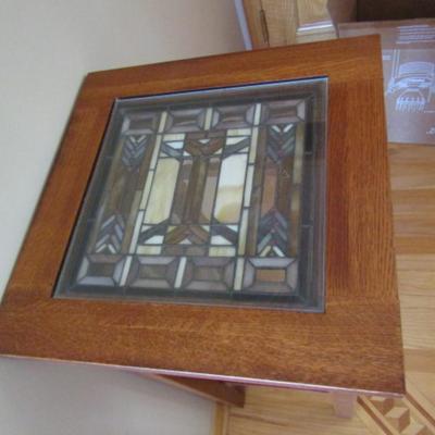 Solid Wood Arts and Crafts Style Accent Table with Stained Glass Insert Top - Approx 15