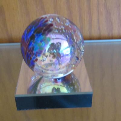Art Glass Paper Weight with Mirrored Pedestal- Signed GES 01- Approx 2