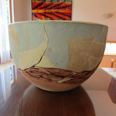 Hand Created Pottery Bowl with Landscape Design- Signed by Artist- Approx 9 1/4