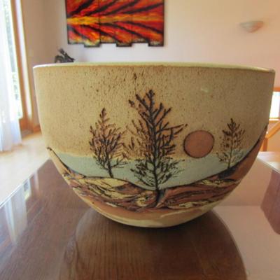 Hand Created Pottery Bowl with Landscape Design- Signed by Artist- Approx 9 1/4