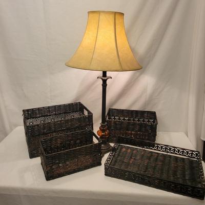 Bronze Colored Lamp and Faux Wicker and Metal Baskets (M-DW)