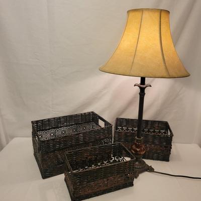Bronze Colored Lamp and Faux Wicker and Metal Baskets (M-DW)
