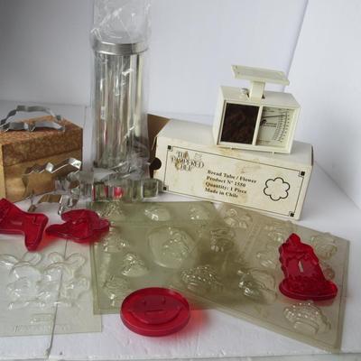 Lot 472:  Lot of Kitchen Stuff, Pampered Chef, Scale, Xmas Chocolate Molds, Cutters