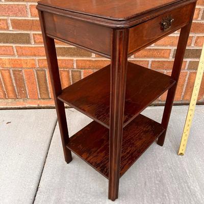 ANTIQUE 2-SHELF SIDE TABLE WITH DRAWER AND BRASS BUTTERFLY HARDWARE