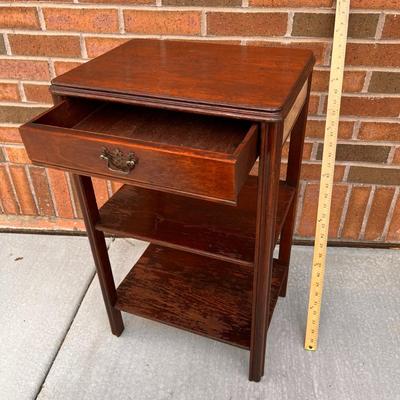 ANTIQUE 2-SHELF SIDE TABLE WITH DRAWER AND BRASS BUTTERFLY HARDWARE