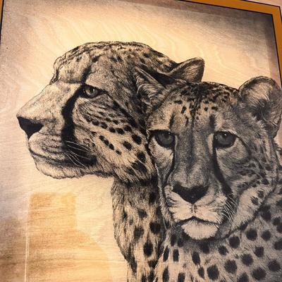 FRAMED CHEETAH TWINS DETAILED IMAGE ON GLASS BY D. CURRY