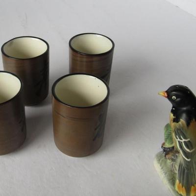 Lot 480:  Set of 4 Sake Cups and Birds Salt/Pepper