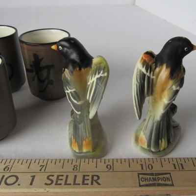 Lot 480:  Set of 4 Sake Cups and Birds Salt/Pepper