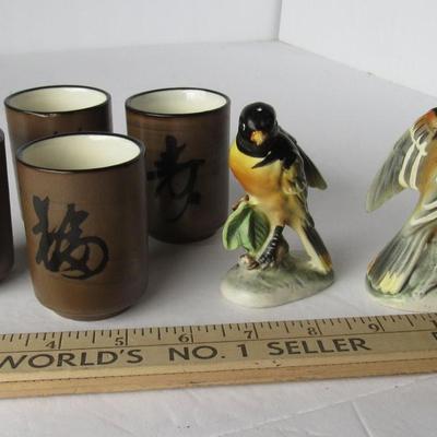 Lot 480:  Set of 4 Sake Cups and Birds Salt/Pepper
