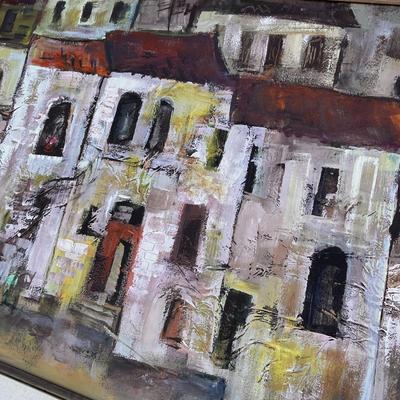 LARGE FRAMED LATE MID CENTURY ORIGINAL OIL PAINTING MEDITERRANEAN VILLAGE SIGNED 