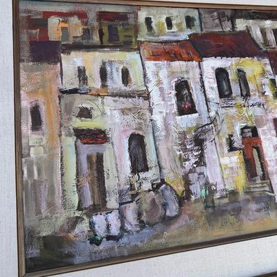 LARGE FRAMED LATE MID CENTURY ORIGINAL OIL PAINTING MEDITERRANEAN VILLAGE SIGNED 