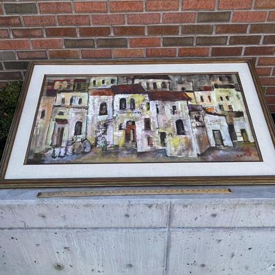 LARGE FRAMED LATE MID CENTURY ORIGINAL OIL PAINTING MEDITERRANEAN VILLAGE SIGNED 