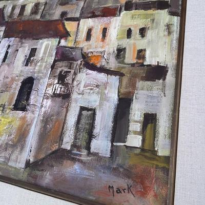 LARGE FRAMED LATE MID CENTURY ORIGINAL OIL PAINTING MEDITERRANEAN VILLAGE SIGNED 