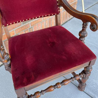 ANTIQUE IMPRESSIVE THRONE-LIKE VELVET UPHOLSTERED WOOD CHAIR 