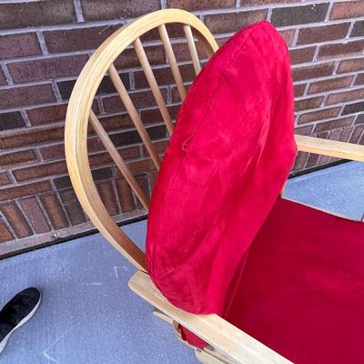 LIGHT WOOD GLIDER ROCKER WITH RED VELVET CUSHIONS