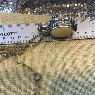 Vintage Silver Ornate Snuff with Spoon on Vintage Glass Beaded Necklace