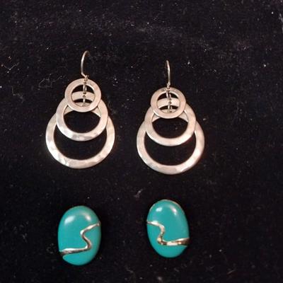 STERLING 3 RING EARRINGS AND TEAL COLORED PAIR